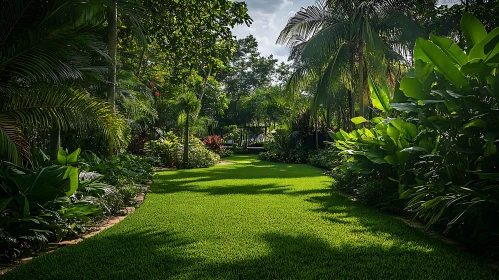 Tropical Garden with Green Lawn