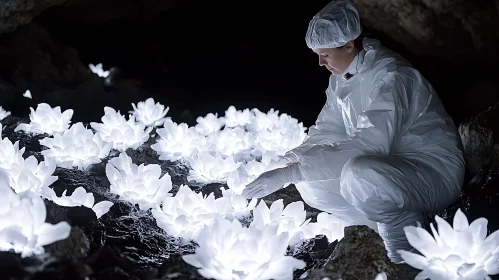 Illuminated Flowers in Dark Cave