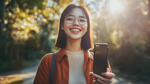 Happy Woman with Phone in Nature