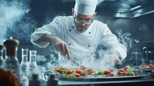 Chef Creating Gourmet Meal with Steam in Kitchen