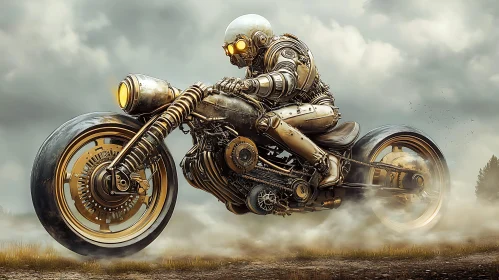 Cyborg Rider on Steampunk Bike