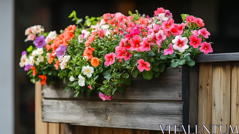 Colorful Petunias in Rustic Flower Box AI Image