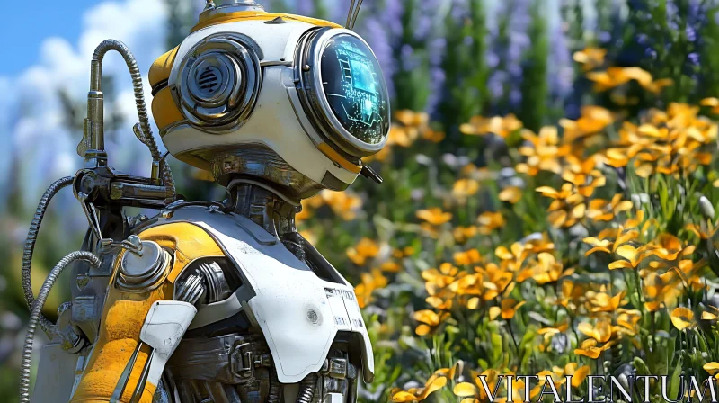 Robot in a Garden of Yellow Flowers AI Image