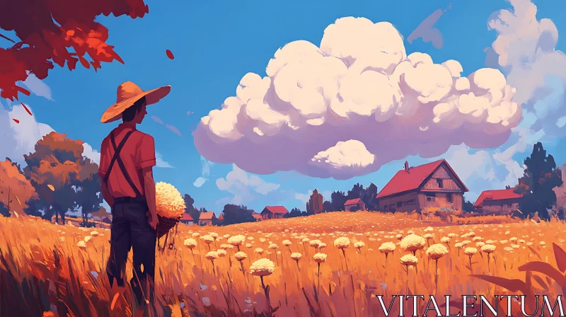 Man in Flower Field: A Peaceful Vista AI Image