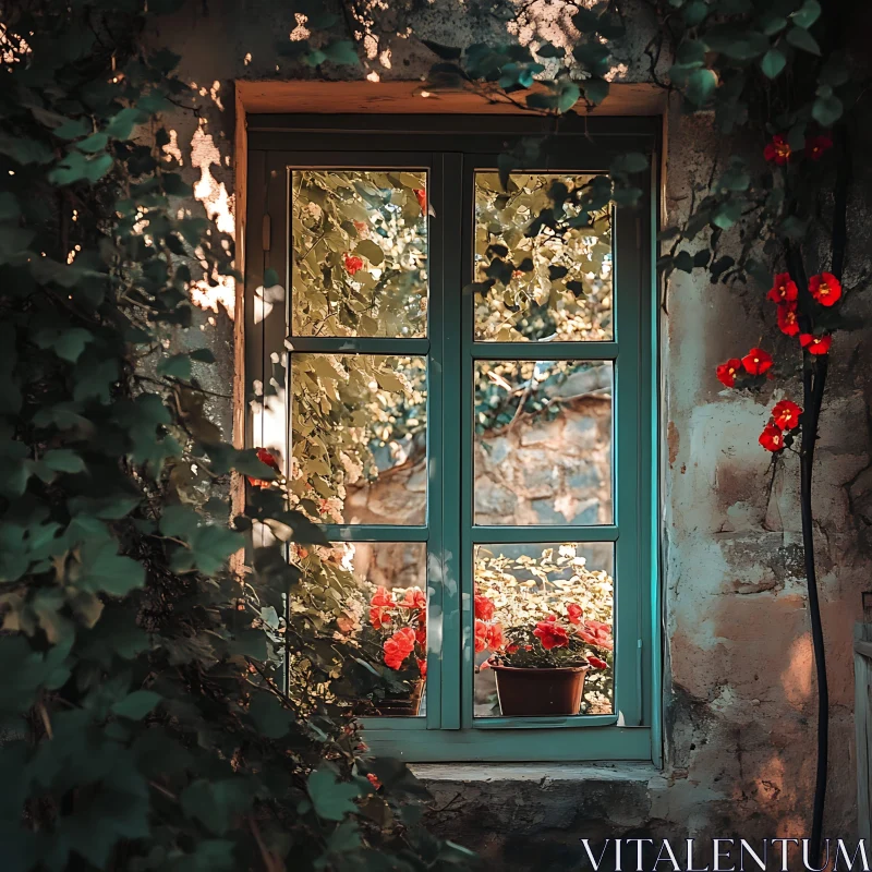 Window with Flowers and Ivy AI Image