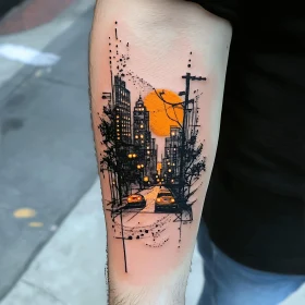 Forearm Tattoo with City Scene and Orange Sun