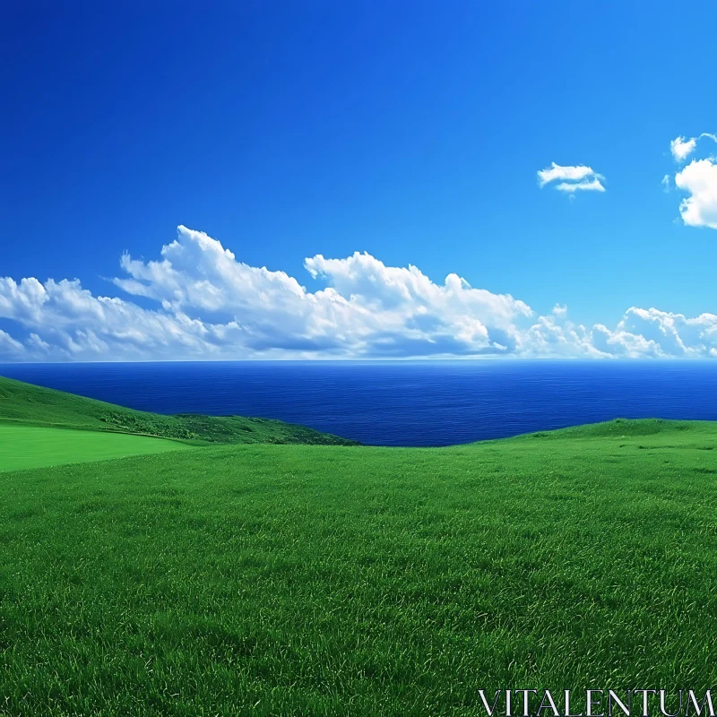 AI ART Green Field and Blue Sea Landscape