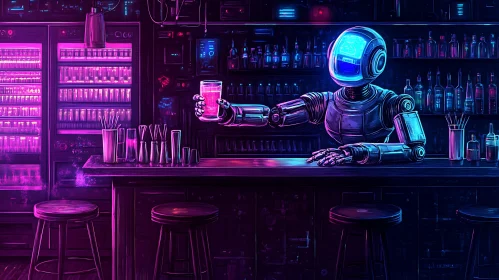 Futuristic Robot Bartender in Cyberpunk Bar