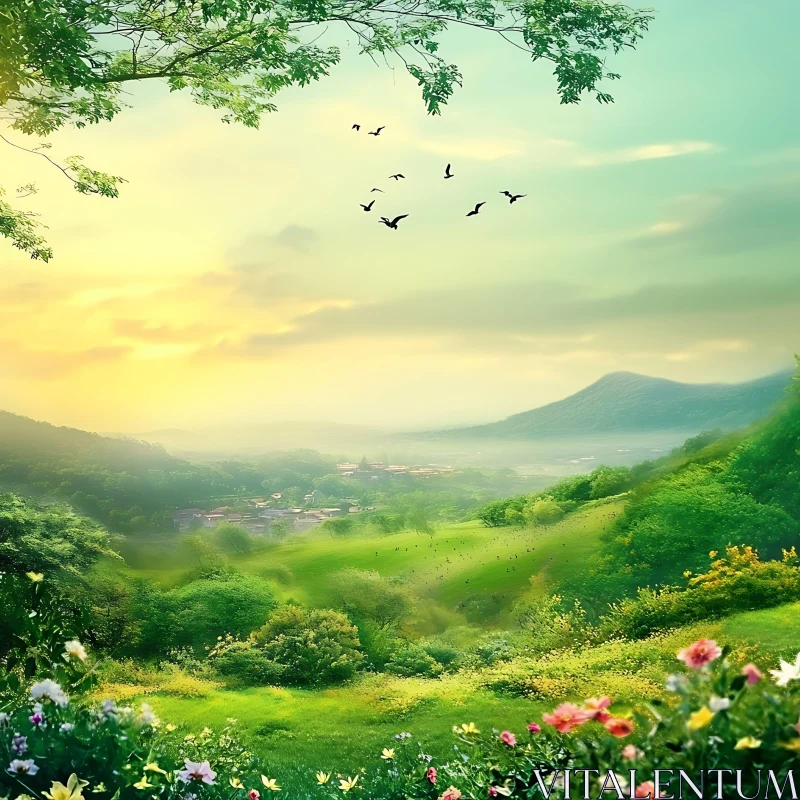 AI ART Tranquil Green Meadow and Mountain View