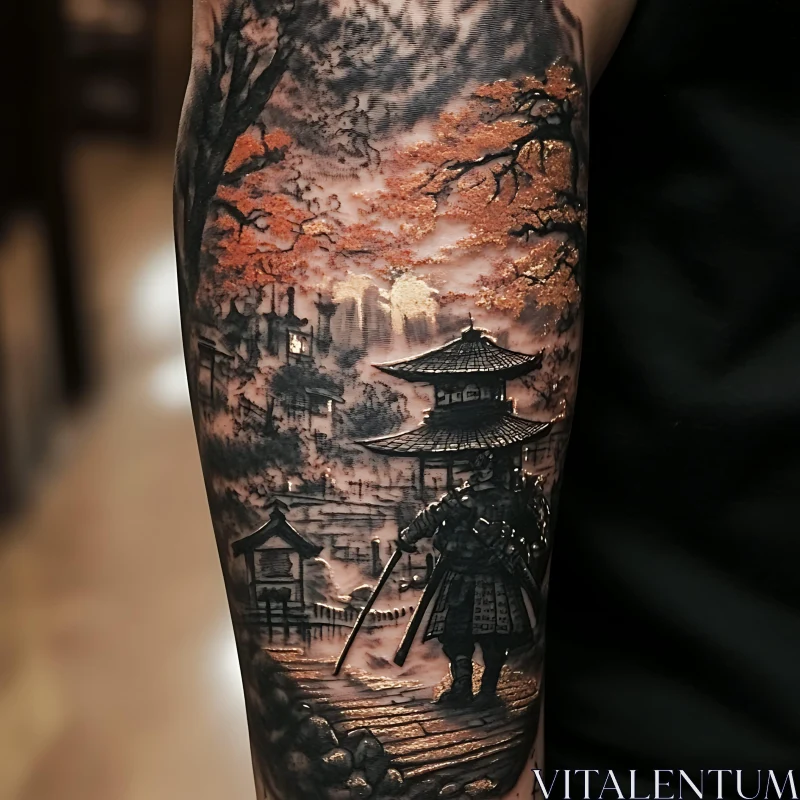 Autumn Samurai and Pagoda Arm Tattoo AI Image