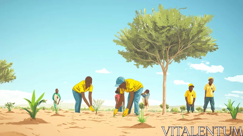 Community Planting Trees Illustration AI Image