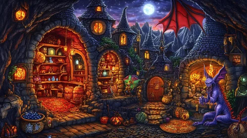 Whimsical Stone Village Under Moonlight