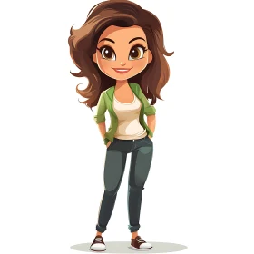 Smiling Cartoon Woman in Casual Attire