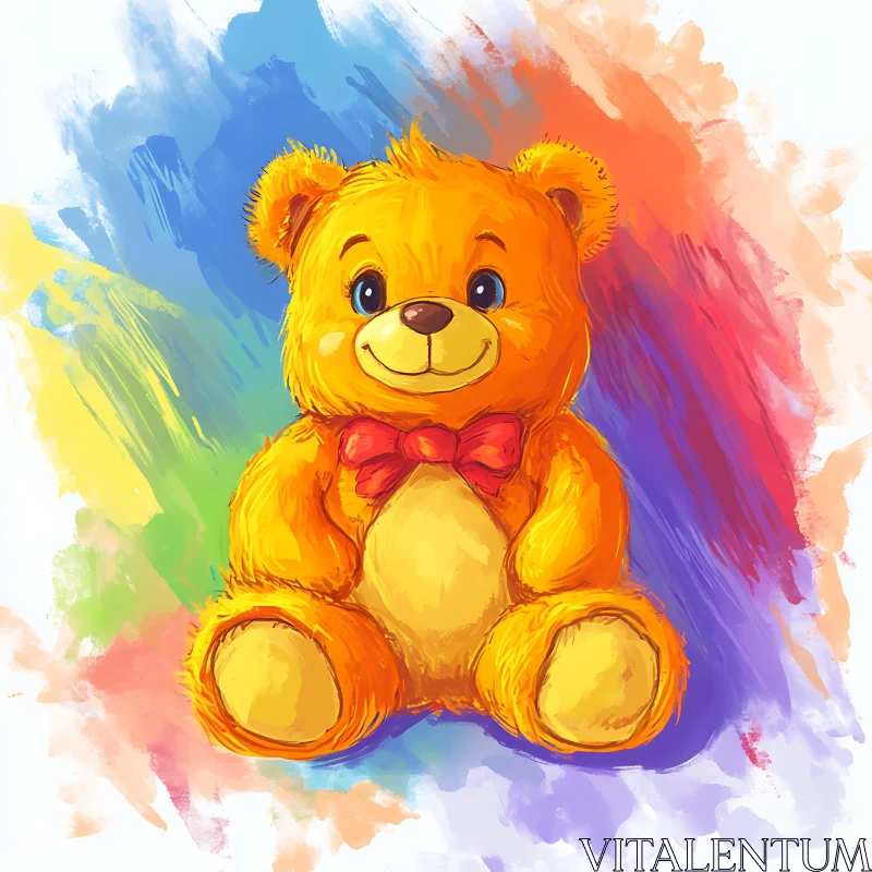 Golden Teddy Bear with Red Bow Tie AI Image