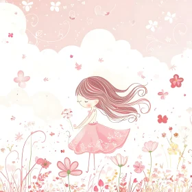 Whimsical Girl with Flowers Illustration