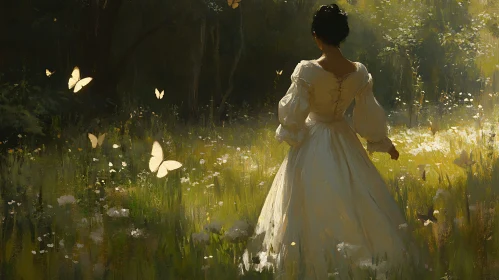 Lady in White Dress with Butterflies