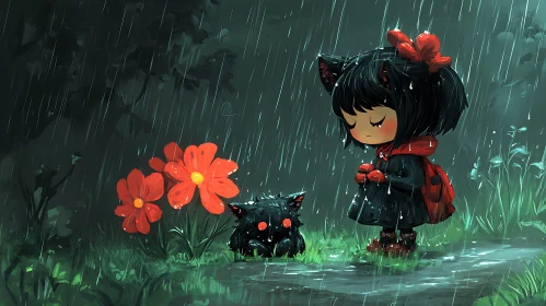 Girl and Cat Illustration in the Rain