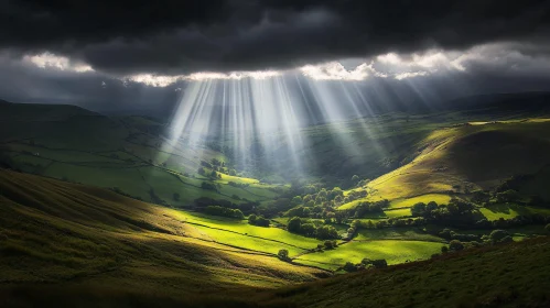 Sunlit Green Valley Under Dark Clouds