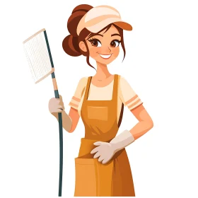 Illustration of Cleaning Lady with Broom