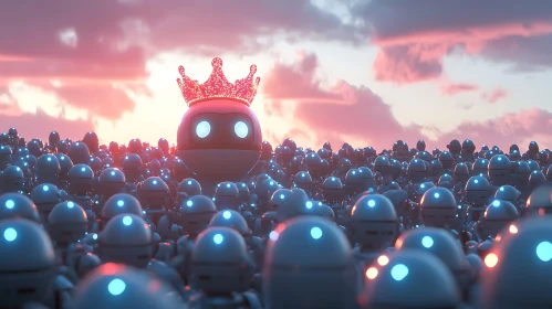 Crowned Robot Among Many, Sunset Sky