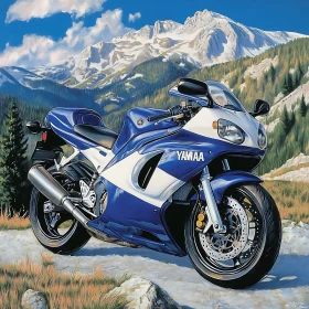 Blue Motorcycle with Mountain Backdrop