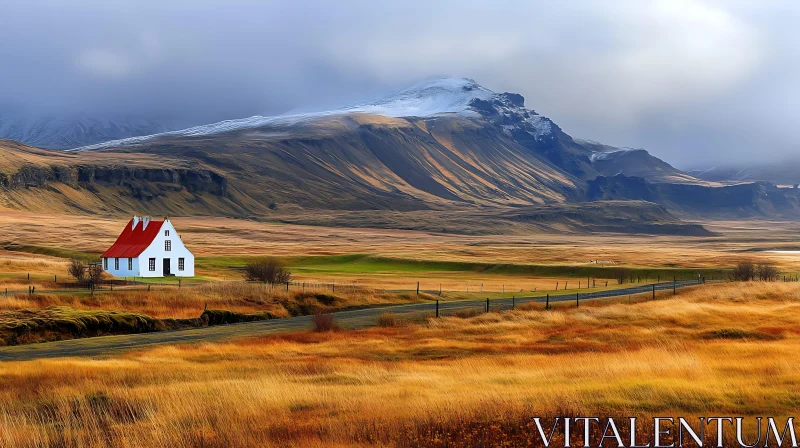 Rural Icelandic House in a Golden Field AI Image