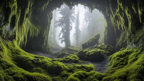 Magical Cave with Lush Moss Leading to Misty Forest