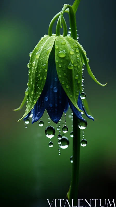 Blue Bellflower in Rain: Dark Navy and Light Green Imagery AI Image