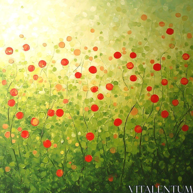 AI ART Abstract Green Field with Red Flowers