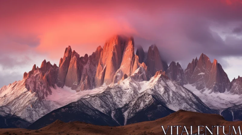 AI ART Captivating Red Sky and Snow Capped Mountains - A Majestic Nature Scene