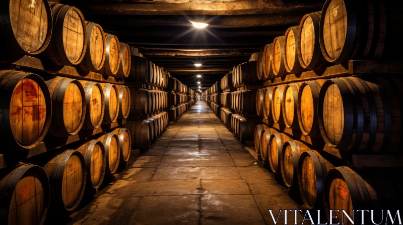 Captivating Wine Cellar Scene: Dark Hallway with Wooden Barrels AI Image