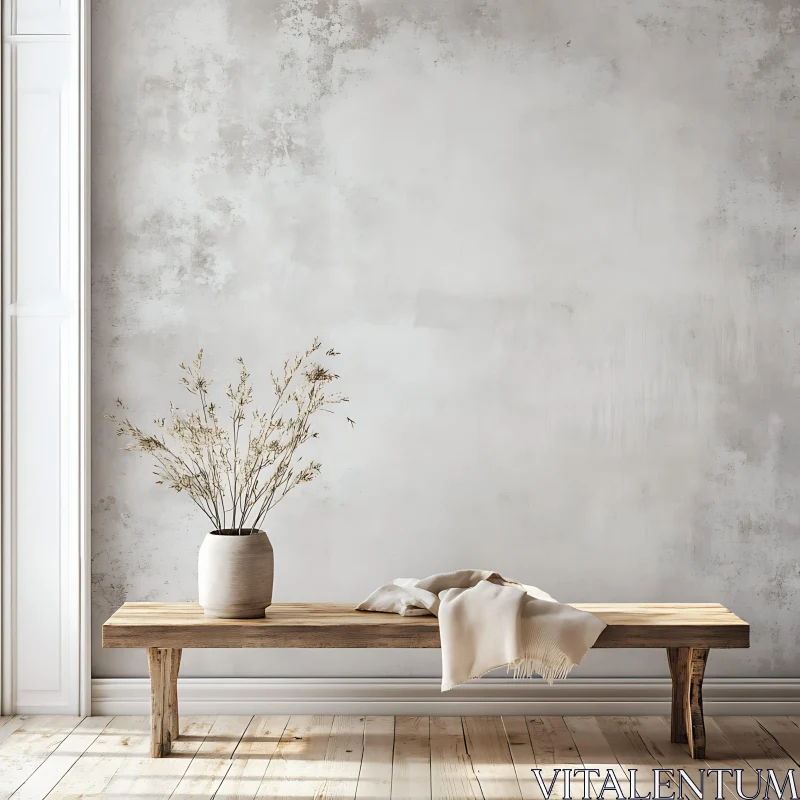 Rustic Bench with Vase and Blanket AI Image