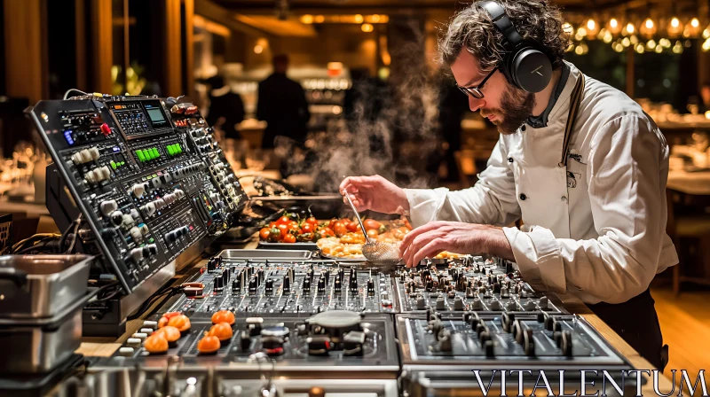 Chef Merging Cooking and Audio Mixing in Modern Kitchen AI Image