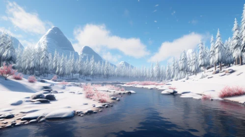 Eerily Realistic Winter Mountain Scene Near a River