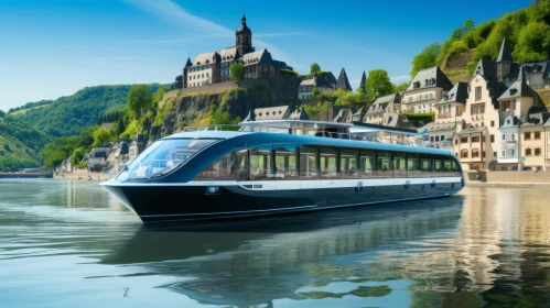 Elegant Cityscape: A Captivating Image of a Large Blue Boat on Water