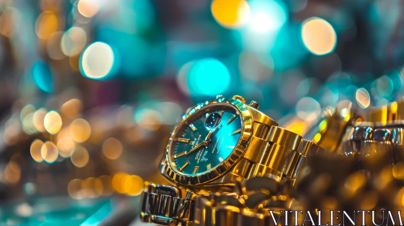 Exquisite Gold Watch with Green Dial on Luxurious Jewelry | Captivating Close-Up AI Image