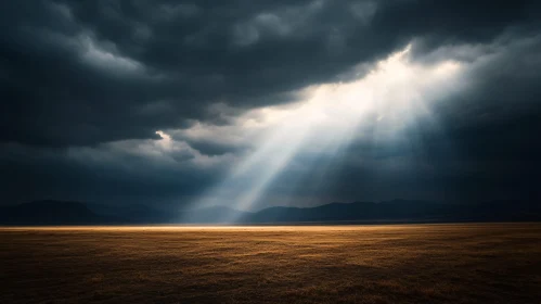 Golden Sunlight Piercing Through Moody Skies Over a Field