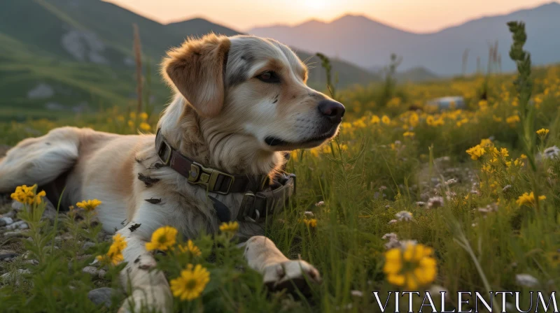 Golden Retriever Basking in Sunset Amidst Mountainous Landscape AI Image
