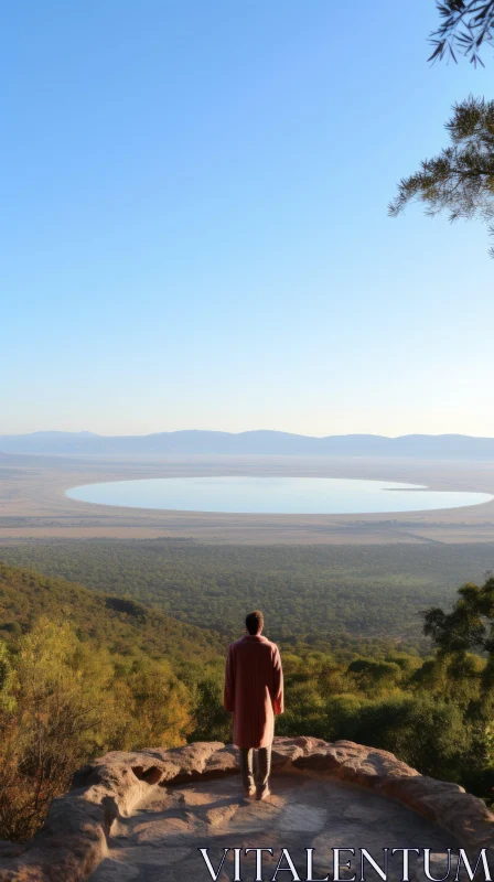 Man in African-inspired Landscape: Captivating View of Mountains and Lake AI Image