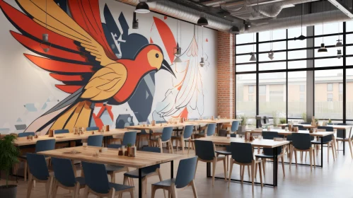 Restaurant Interior with Avian Mural in Industrial Style
