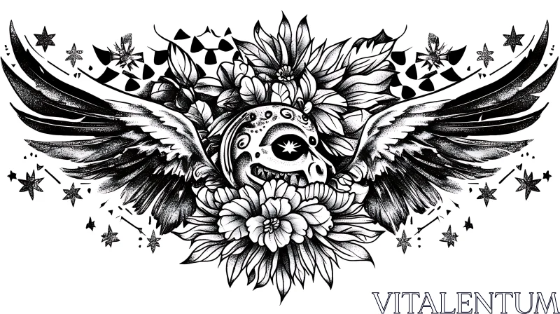 Artistic Monochrome Tattoo with Skull and Wings AI Image