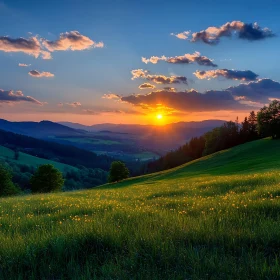 Sunset Landscape with Meadow and Mountains