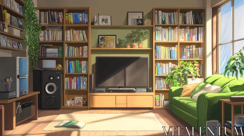 AI ART Sunlit Interior with Bookshelves and Green Sofa