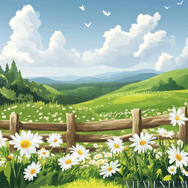 AI ART Summer Meadow with Daisies and Hills