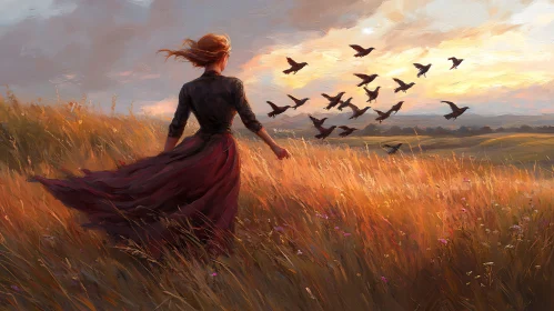 Golden Field Sunset with Woman and Birds