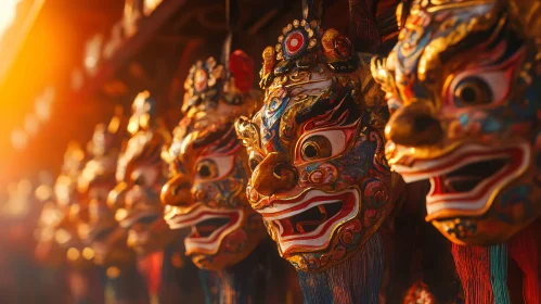 Row of Traditional Masks: A Cultural Display