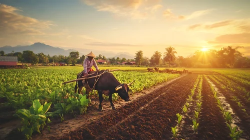 Rural Sunset: Farmer Plowing Field with Ox