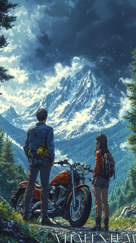 Couple's Mountain Adventure on Motorcycle AI Image