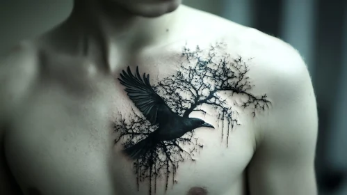 Raven Tattoo with Branch Design on Chest