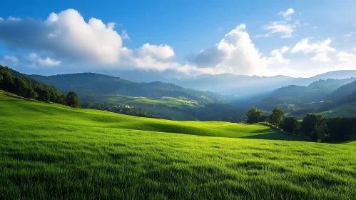 Green Field with Hills and Clouds